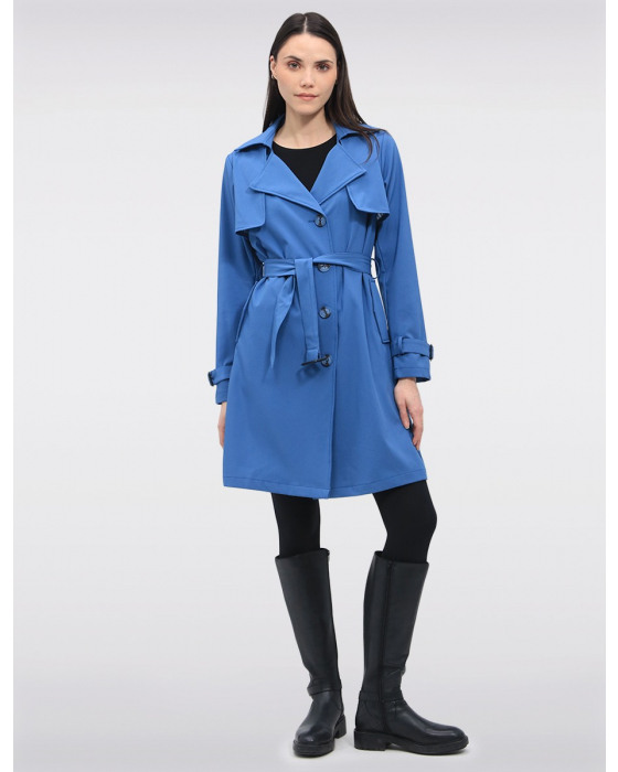 Point Zero Vegan Single-Breasted Trench Coat featuring a button front closure, belted waist, and lapel collar by Manteaux Manteaux. (1)