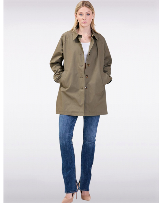 Point Zero Vegan Stylish Single-Breasted Trench Coat featuring a classic design, striped lining, welt pockets, and a shirt collar by Manteaux Manteaux. (1)