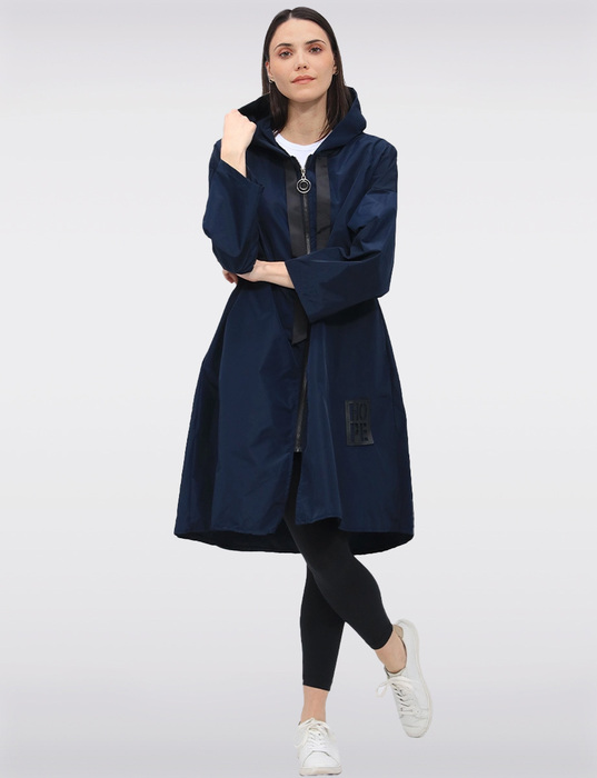 Froccella Lightweight Ribbon Trim Coat with hood, featuring a zip front closure and a minimalist design by Manteaux Manteaux.