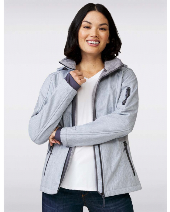 Free Country Versatile Recycled Hooded Sporty Softshell Fitted Jacket featuring a high stand collar, zip-off hood, and knit storm cuffs with thumbholes by Manteaux Manteaux. (1)