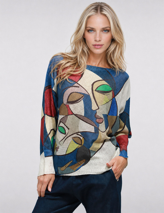 Pull Fin à Manches Dolman et Encolure Large avec Motif Abstrait par Froccella