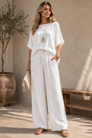 Pantalon Large Chic à Rayures avec Taille Élastique & Poches Avant par Froccella