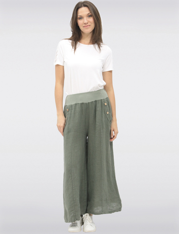 Pantalon Large Décontracté en Lin Avec Poches À Boutons par Froccella