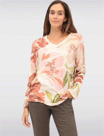 Haut Tricoté Floral Doux & Extensible avec Manches Longues & Col V par Froccella