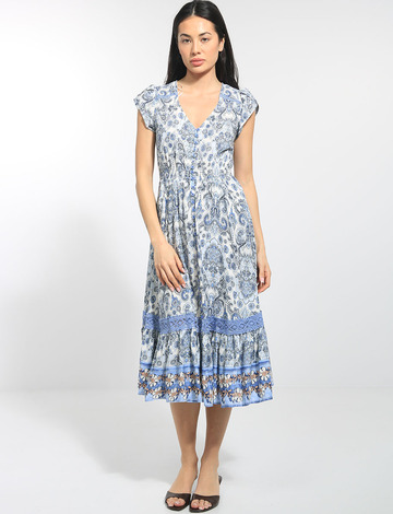 Stella Morgan A-line Button-Down Maxi Dress with cap sleeves, intricate crochet lace accents, convenient front pockets, and stylish button-down features by Manteaux Manteaux.