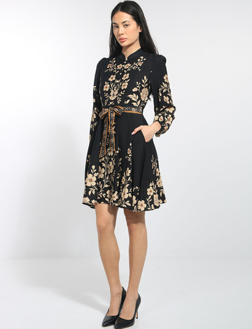 Stella Morgan Floral Band Neck Dress featuring long puff sleeves, a belted waist, button-down details, and a stylish floral print by Manteaux Manteaux.