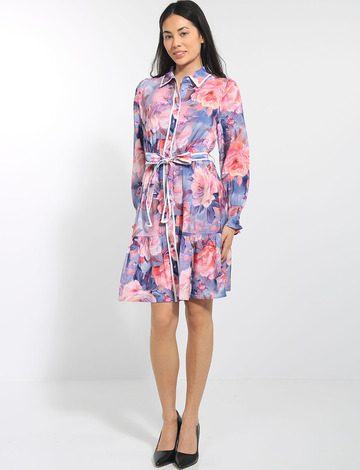 Stella Morgan Floral Shirt Collar Dress with long puff sleeves, a belted button-down front, and a sophisticated floral garden pattern by Manteaux Manteaux.