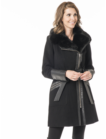 Manteau de laine chic avec empiècements de cuir synthétique par Via Spiga
